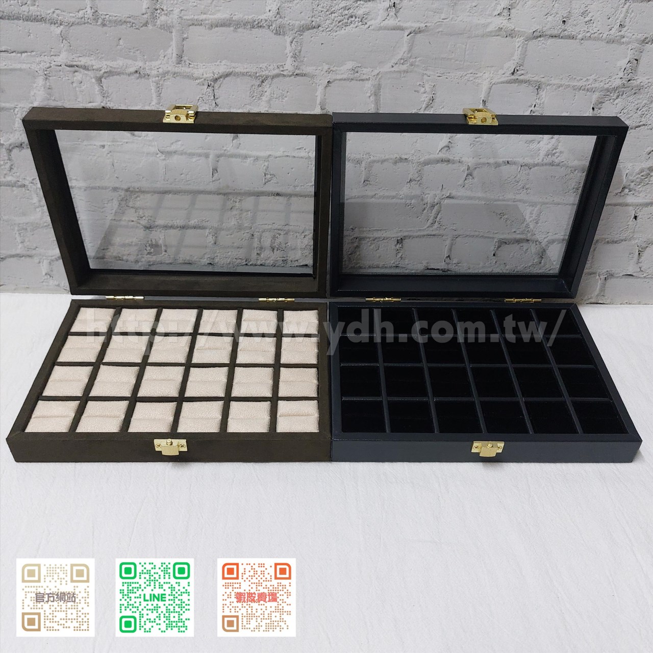 15x21公分24格玻璃蓋戒指收納盒(黑皮/麂皮)