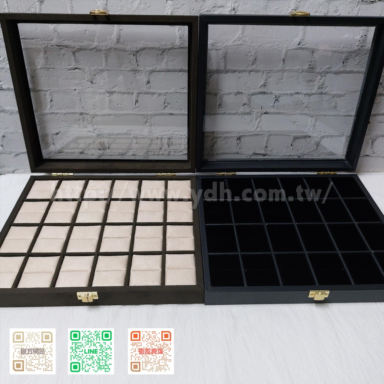 21x24公分24格玻璃蓋戒指收納盒(黑皮/麂皮)