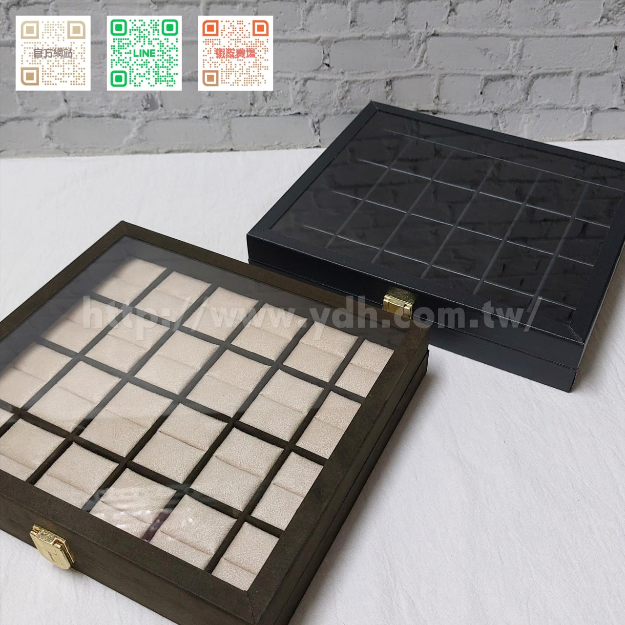 21x24公分24格玻璃蓋戒指收納盒(黑皮/麂皮)